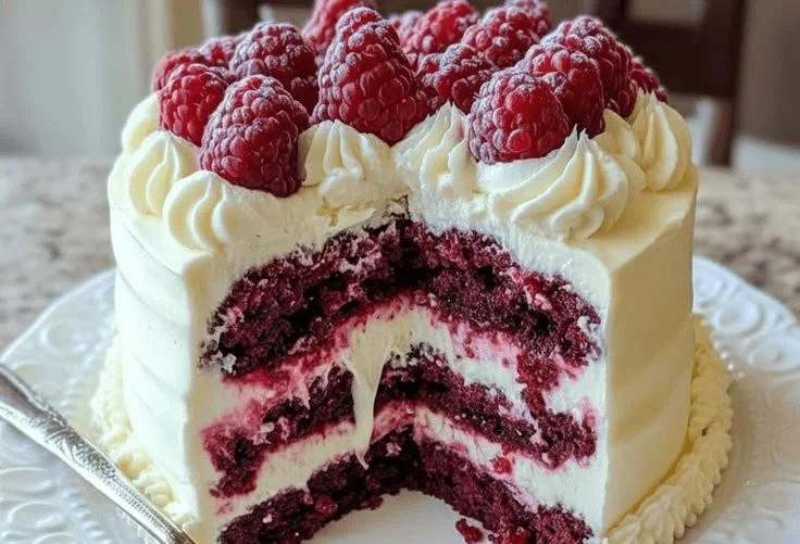 Delicious White Chocolate Raspberry Cream Cake with fresh raspberries and cream