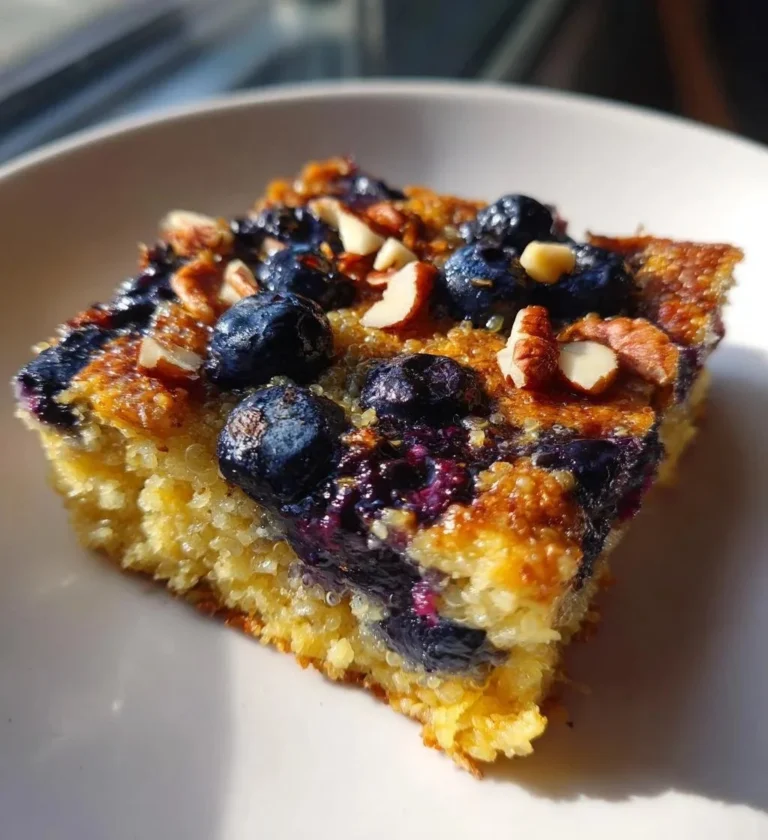 Wholesome blueberry quinoa breakfast bake topped with fresh blueberries