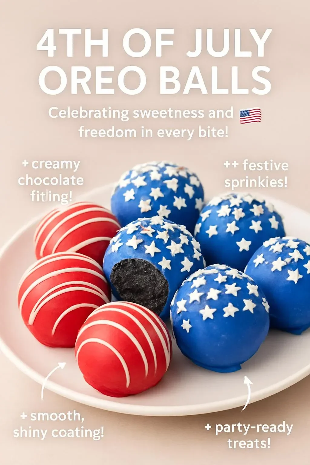 Festive 4th of July Oreo Balls decorated with red, white, and blue sprinkles