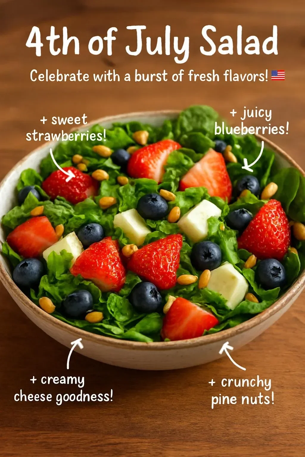 Colorful 4th of July salad featuring fresh vegetables and patriotic ingredients.
