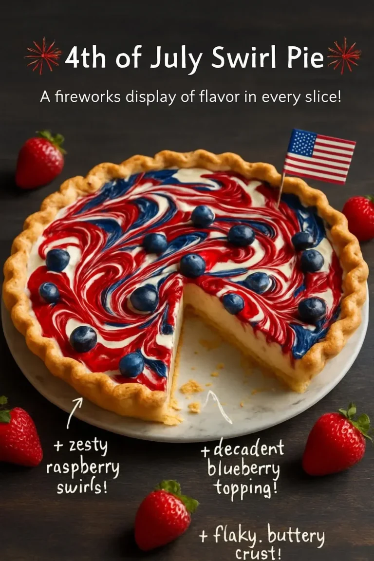 Delicious 4th of July Swirl Pie decorated with festive red, white, and blue colors.