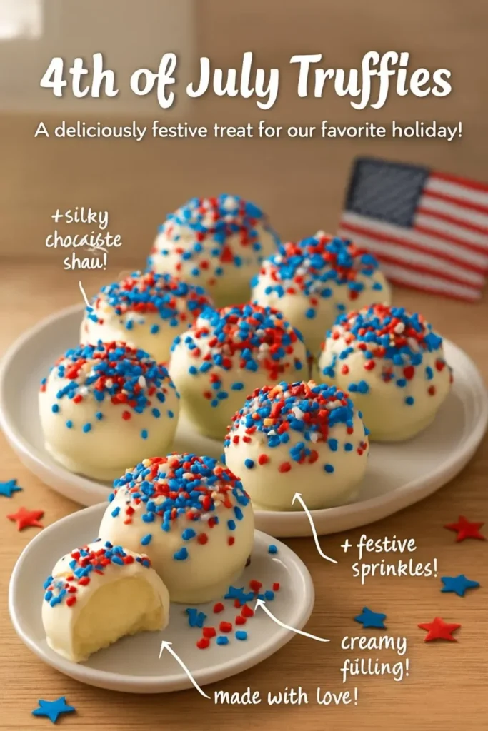 Creamy 4th of July truffles decorated in red, white, and blue colors.