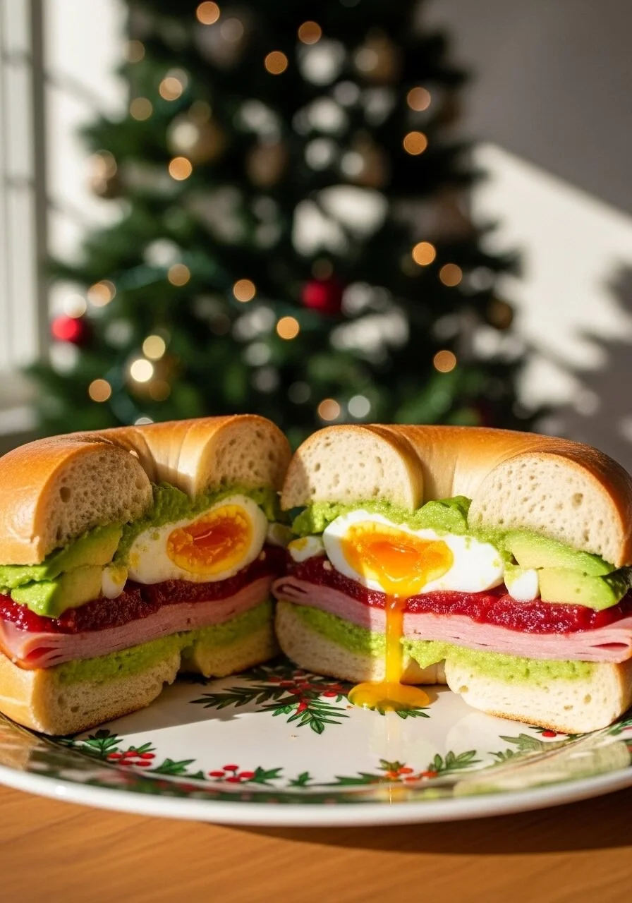 Delicious Egg-in-a-Hole Bagel topped with egg, perfect for Christmas morning.