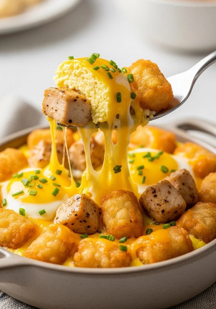 Air Fryer Breakfast Bowl with eggs, veggies, and spices in a serving dish