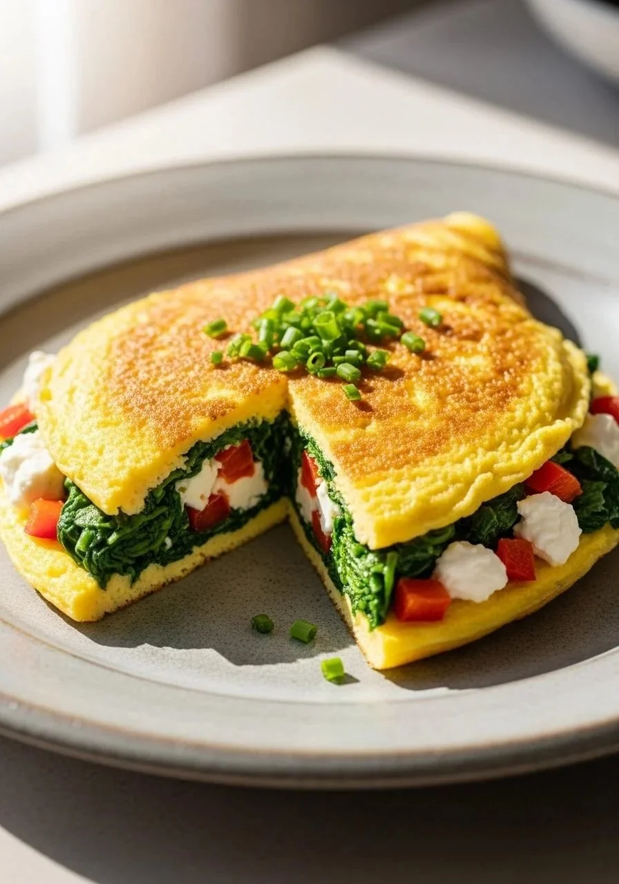 Air fryer spinach omelet with roasted red peppers and goat cheese, served on a plate.