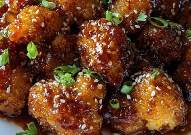 Plate of sticky honey garlic cauliflower garnished with herbs
