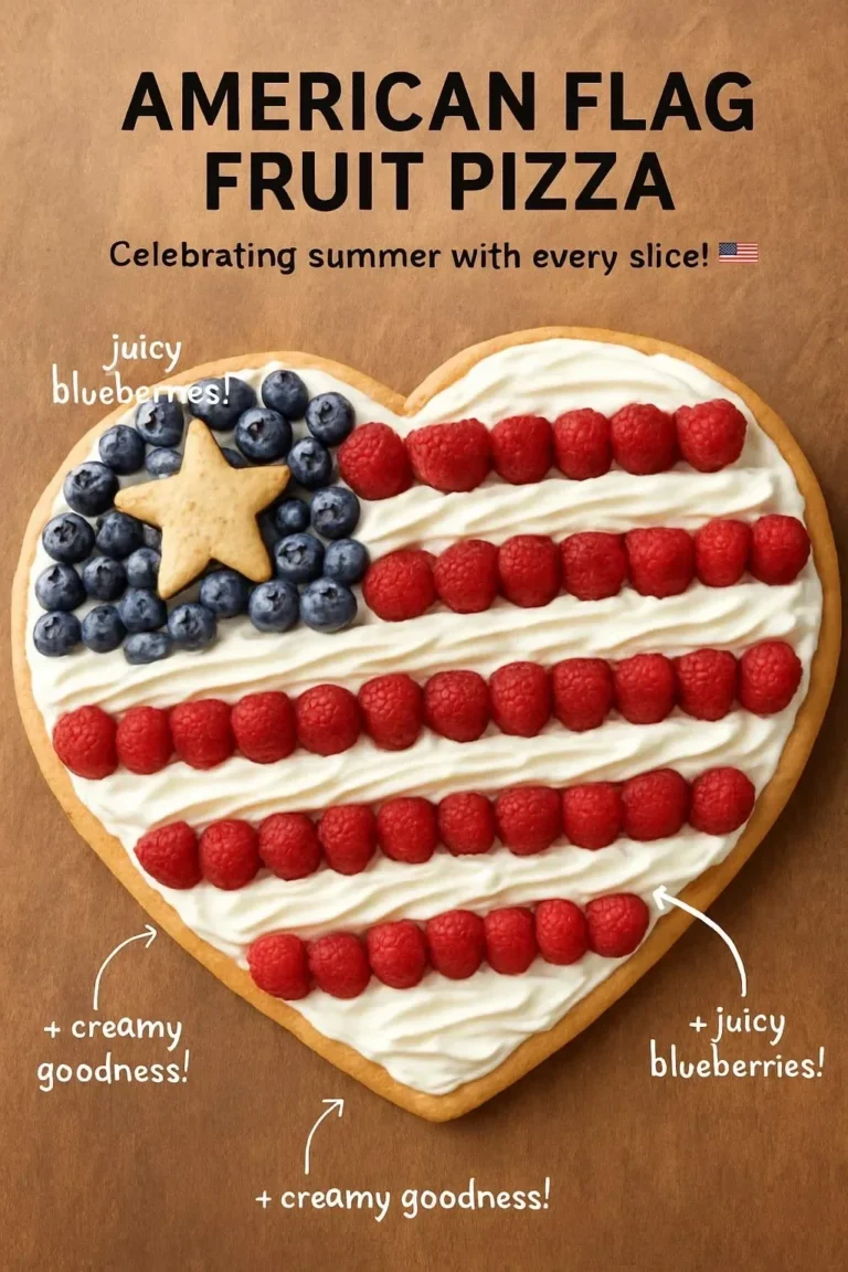 Delicious American Flag Fruit Pizza topped with fresh berries and cream cheese