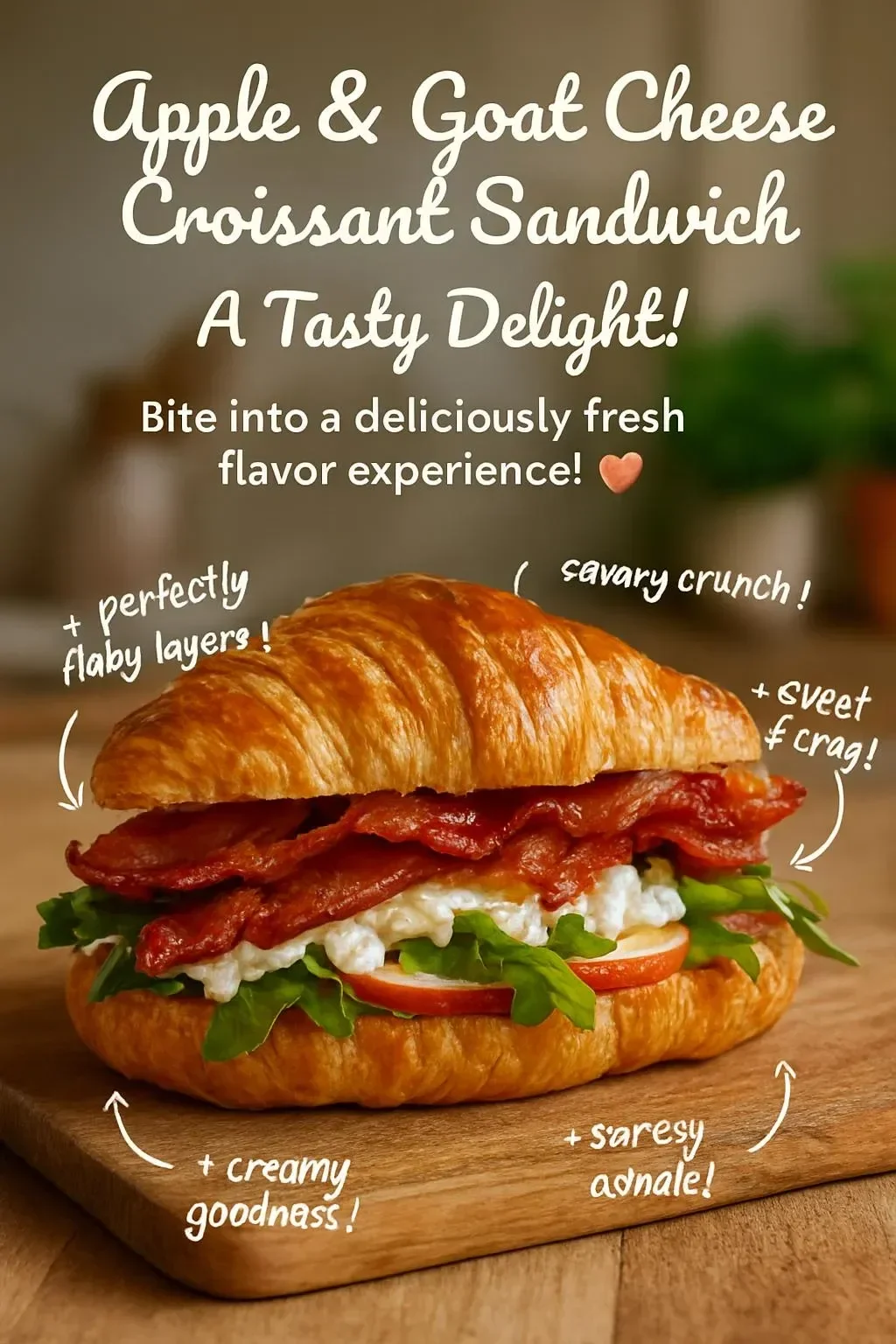 Apple and goat cheese croissant sandwich on a plate, garnished with fresh herbs.