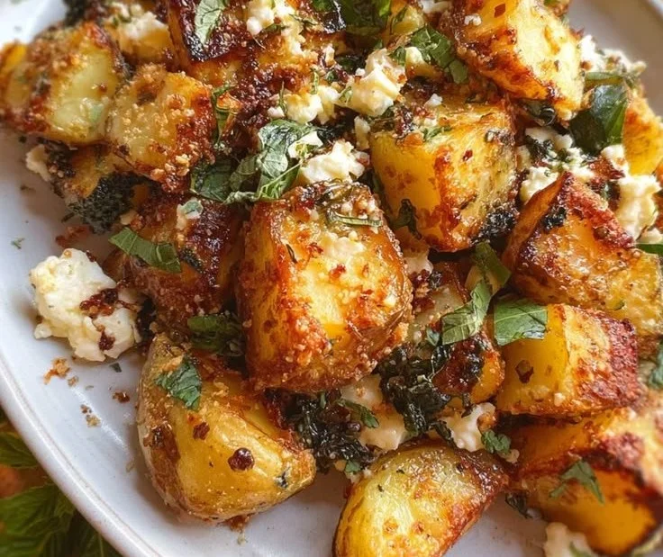 Baked feta potatoes topped with herbs and olive oil in a baking dish