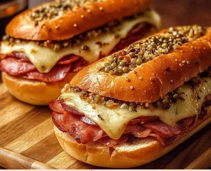 Delicious baked Italian sub sandwich with meats and cheeses
