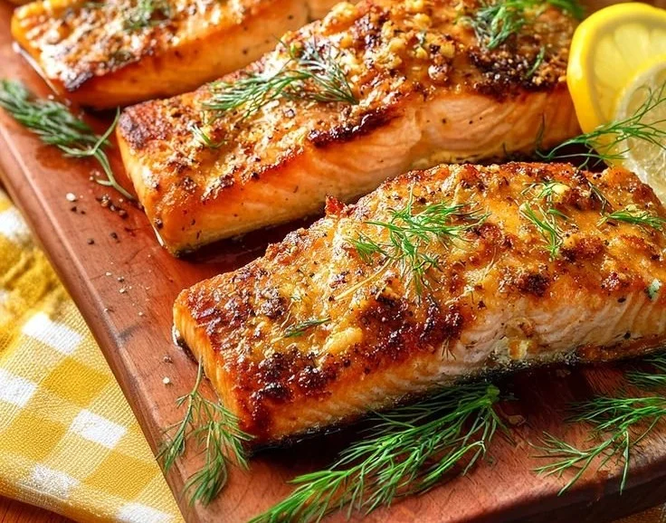 Baked Lemon Dijon Salmon with Garlic served on a plate