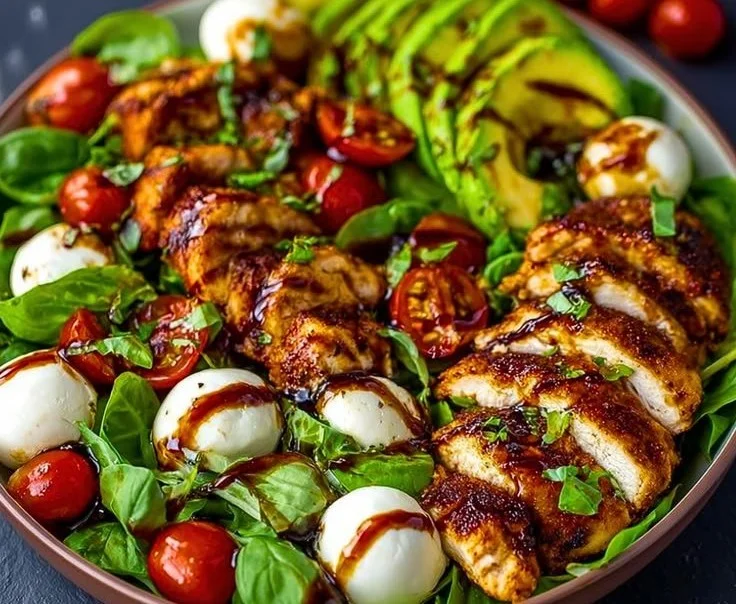 Baked marinated chicken salad topped with mozzarella and balsamic vinaigrette