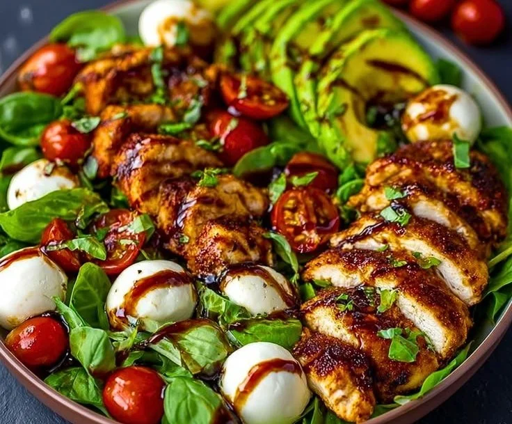 Baked Marinated Chicken Salad topped with Mozzarella and Balsamic Vinaigrette