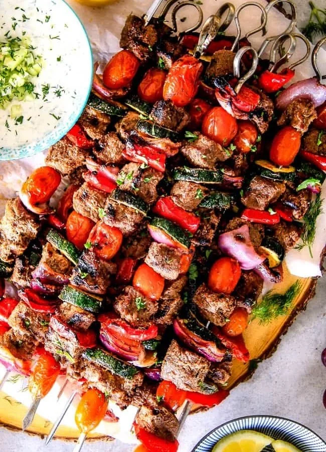 Baked or grilled Greek beef kabobs served with whipped feta tzatziki dip