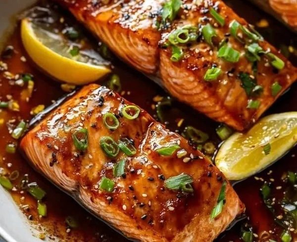 Baked teriyaki salmon garnished with sesame seeds and green onions