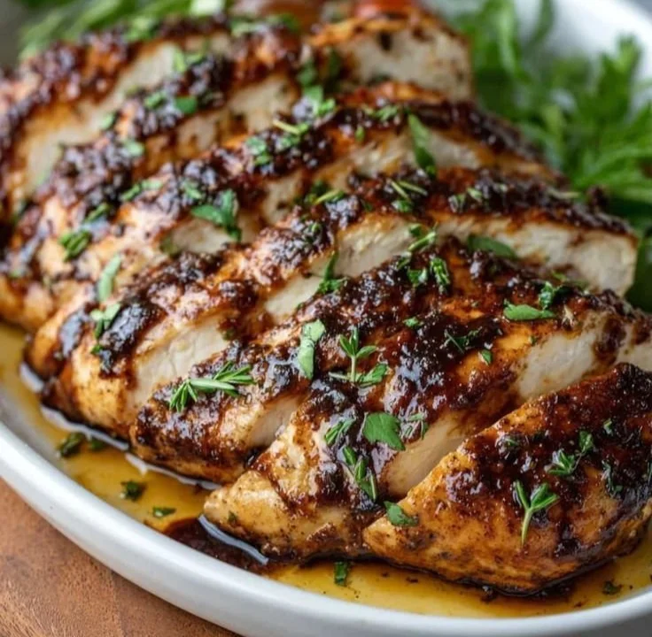 Balsamic baked chicken breast garnished with herbs and served on a plate.