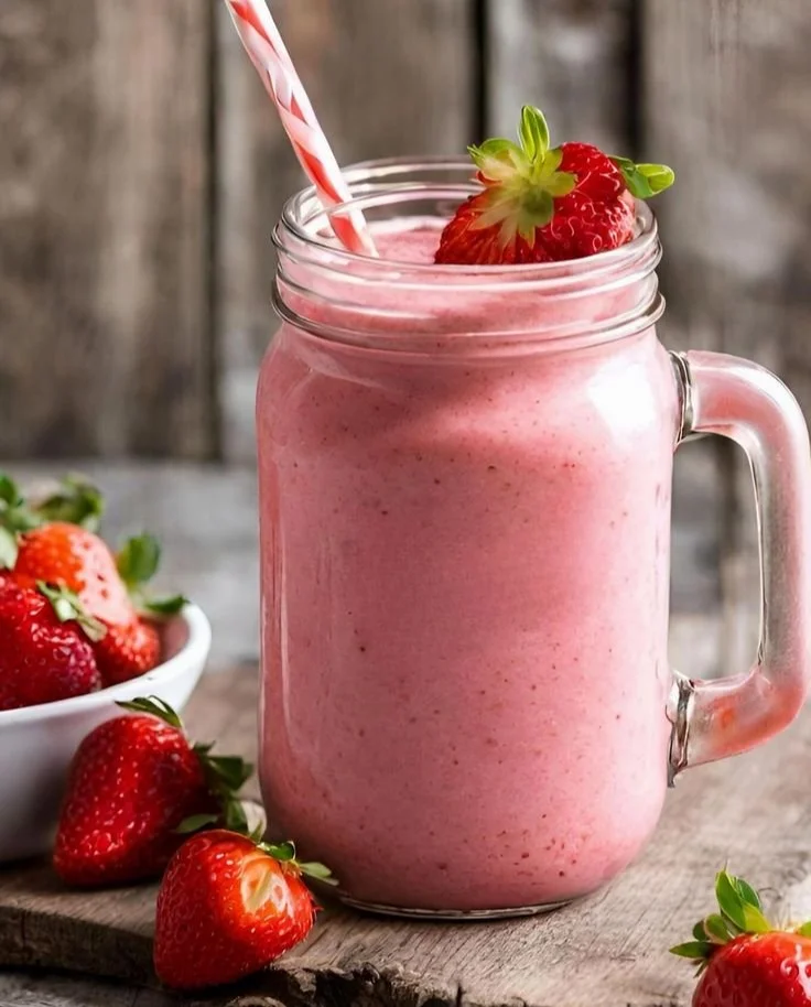 Banana Strawberry Smoothie in a glass with fresh fruits around