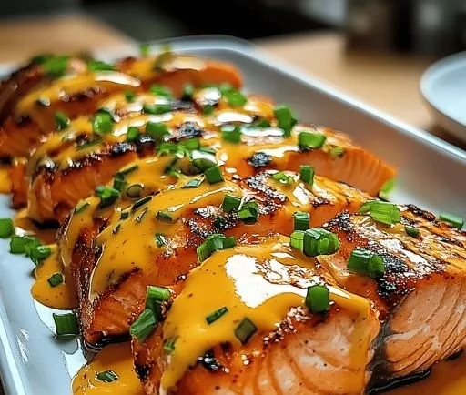 Delicious Bang Bang Salmon recipe served with fresh vegetables and sauce.