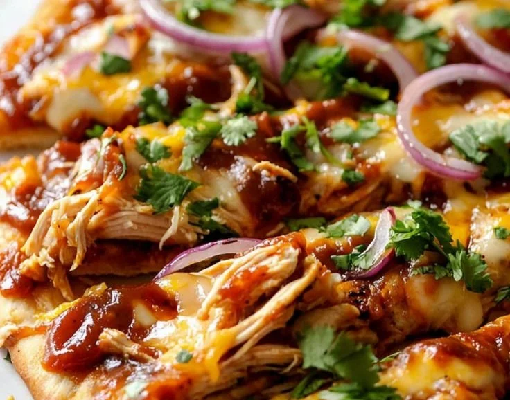 Delicious BBQ chicken flatbread topped with fresh ingredients and cheese