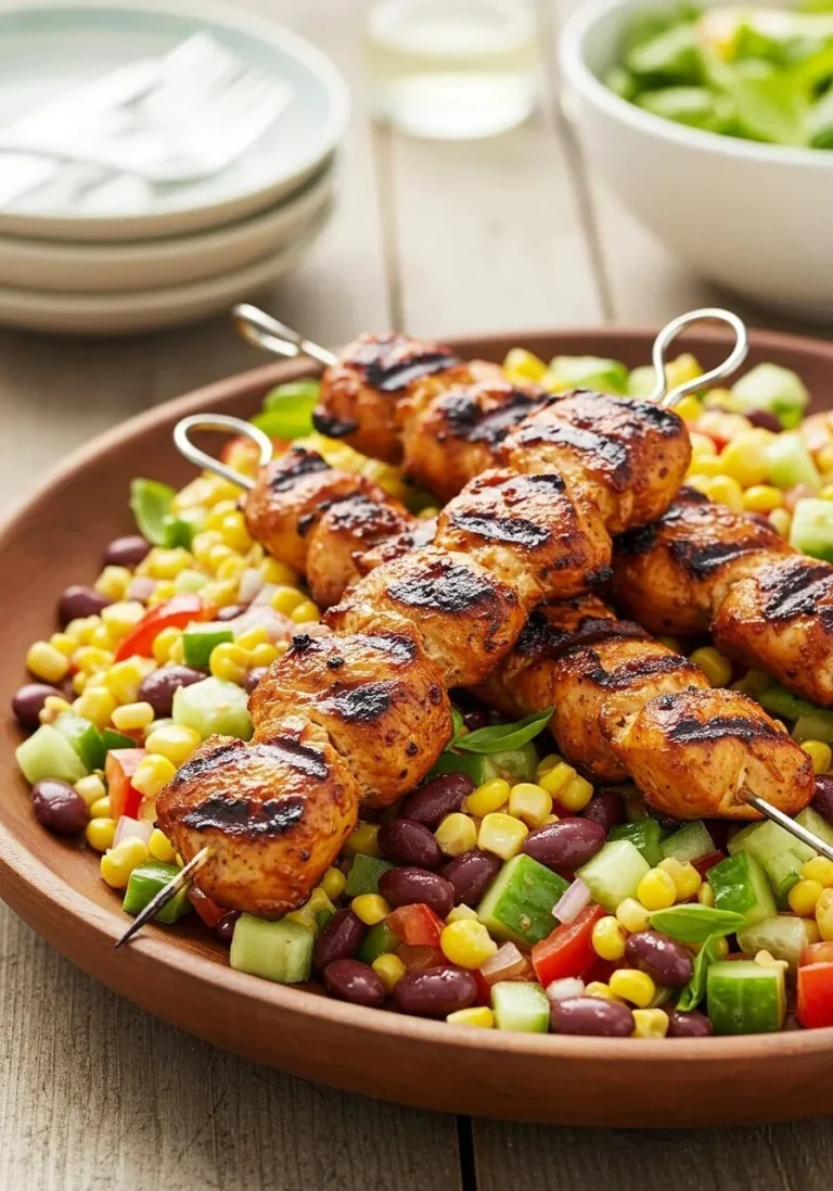 BBQ Chicken Skewer Salad topped with Herby Ranch dressing on a plate