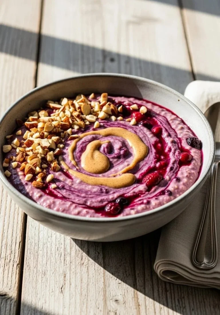Berry nut butter porridge topped with fresh berries and nuts for a nutritious breakfast.