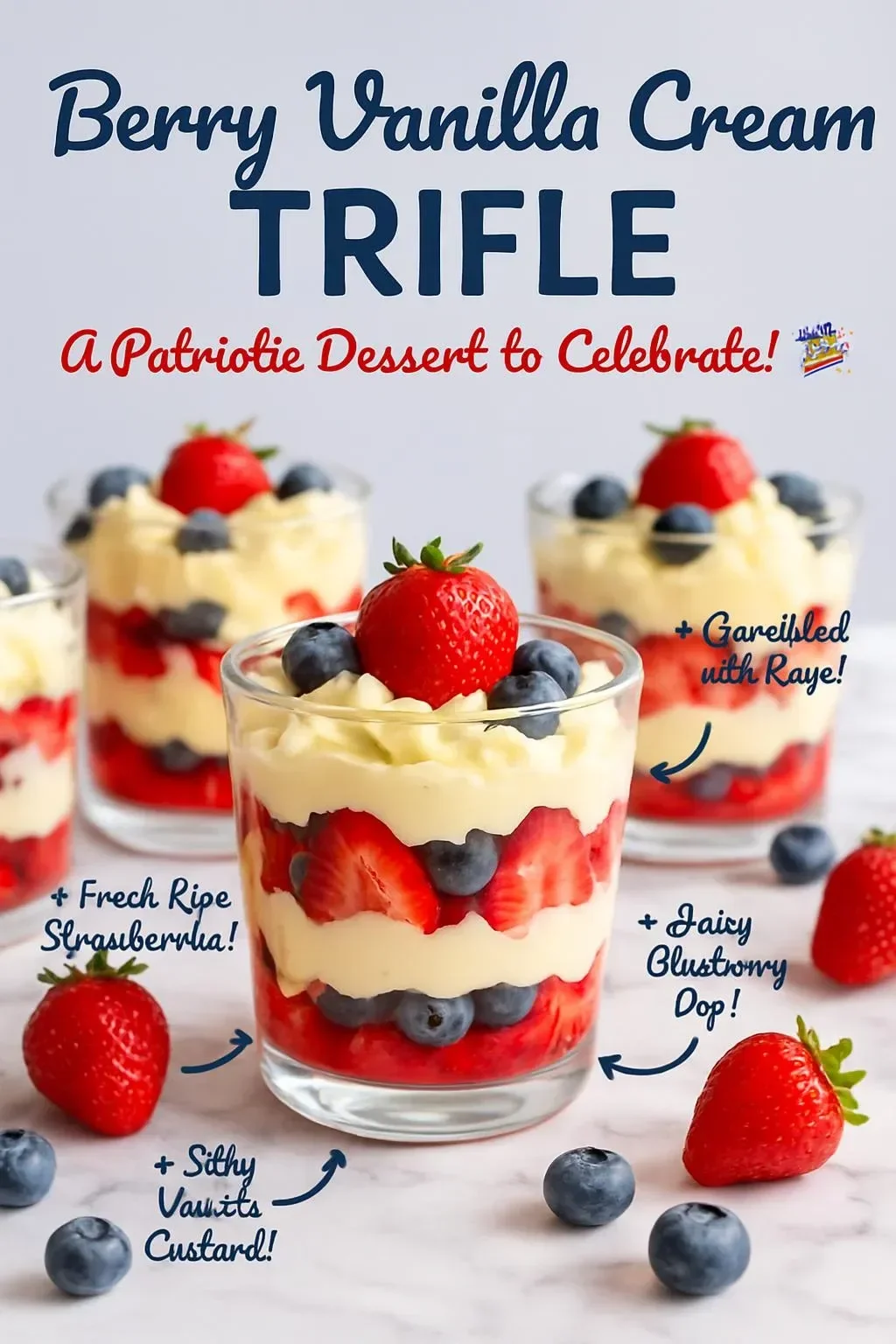 Delicious Berry Vanilla Cream Trifle with layers of berries and cream