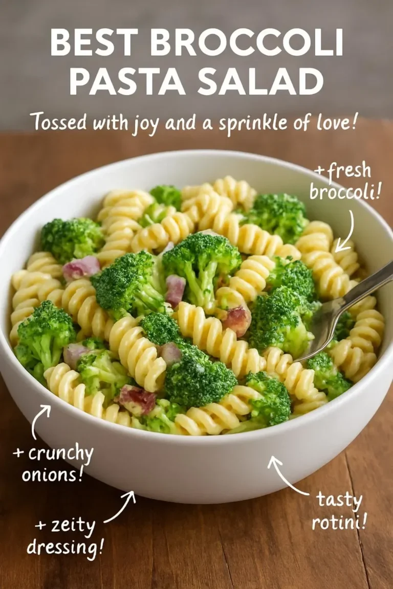 Delicious broccoli pasta salad with colorful vegetables and dressing.