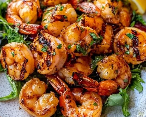 Delicious marinated grilled shrimp served with lemon and herbs
