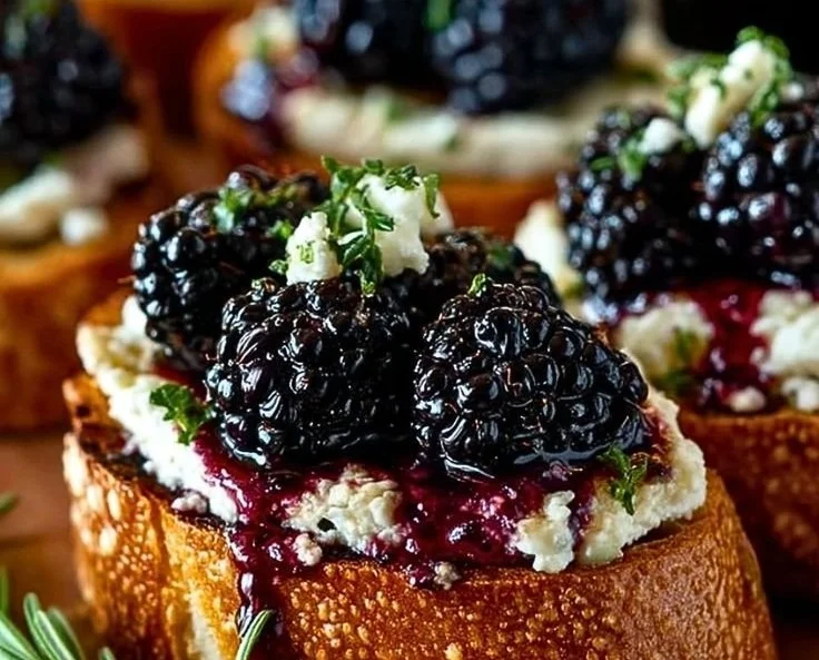 Blackberry goat cheese crostini topped with fresh blackberries and herbs.