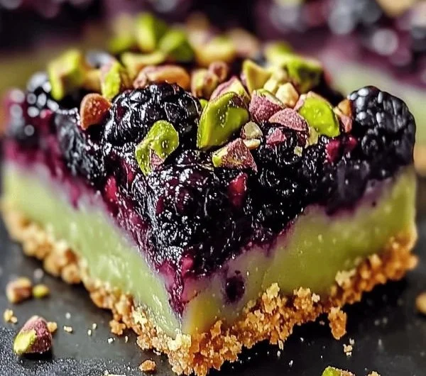 Delicious Blackberry Pistachio Bars topped with fresh blackberries and chopped pistachios.