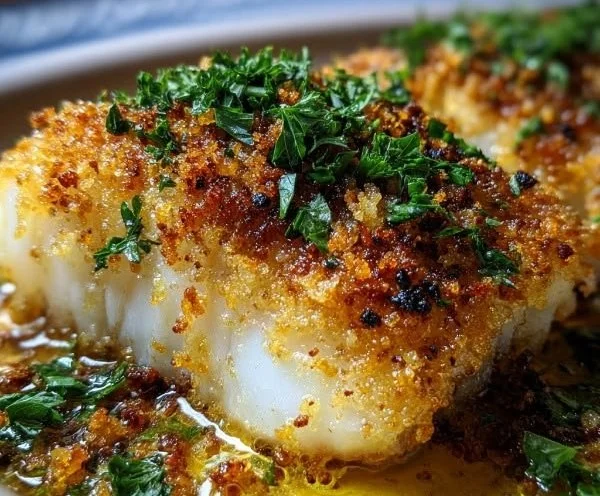Deliciously baked cod fillets with herbs and spices in a serving dish.