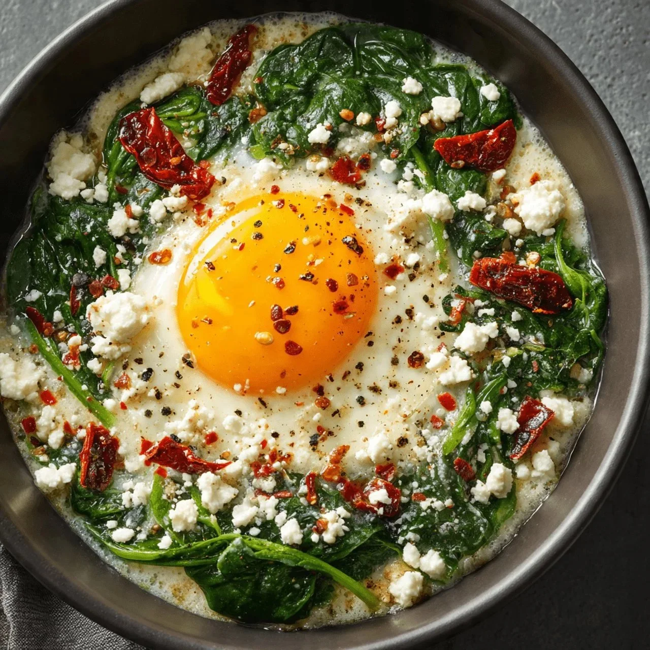 Healthy Breakfast Bowl with egg, spinach, and feta cheese