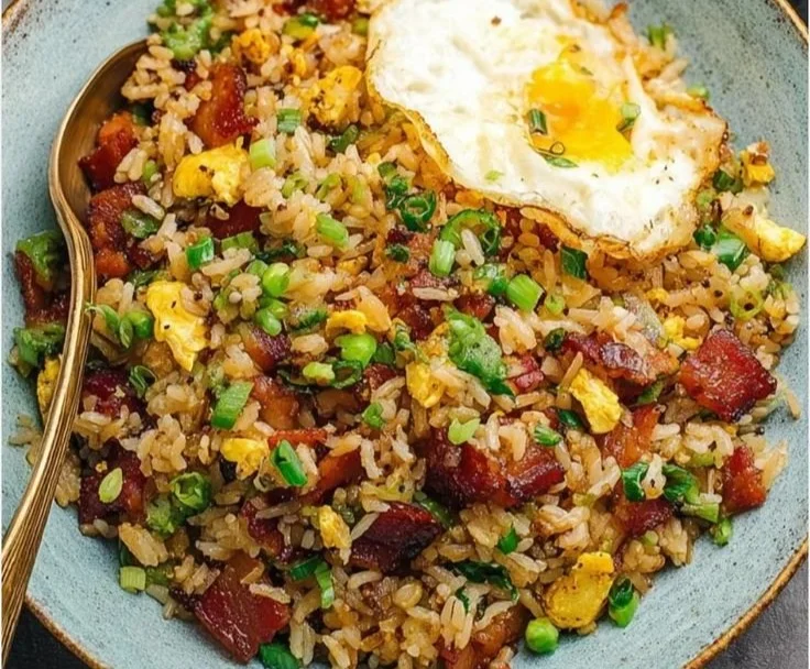 Delicious homemade Breakfast Fried Rice styled in a vibrant bowl