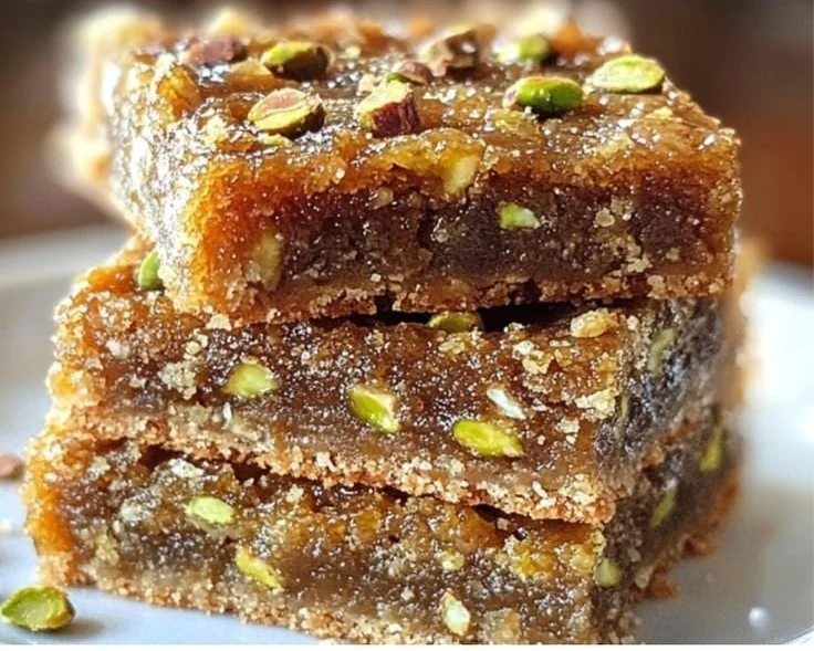 Delicious Brown Butter and Honey Pistachio Cookie Bars on a wooden board