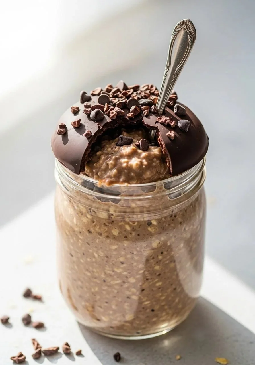 Delicious brownie batter overnight oats topped with magic shell chocolate.