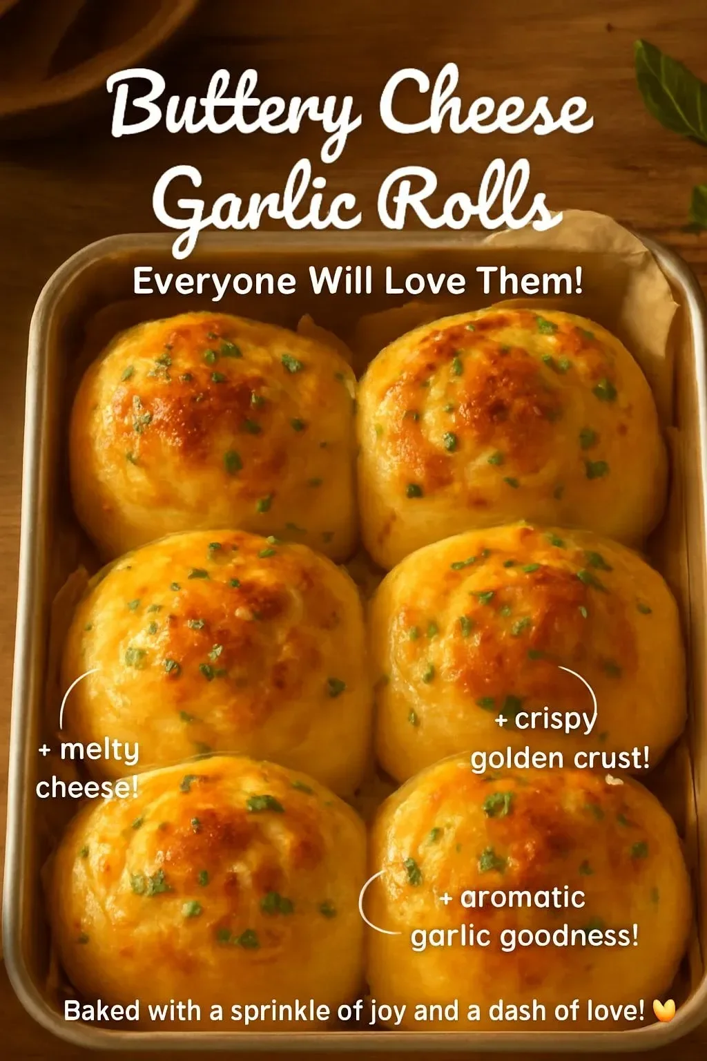 Freshly baked buttery cheese garlic rolls on a wooden serving board