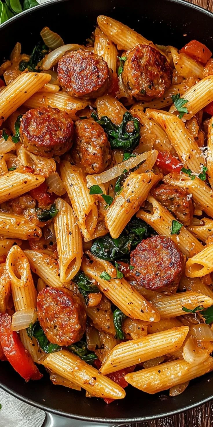 Delicious bowl of Cajun Sausage Pasta with creamy sauce and spices