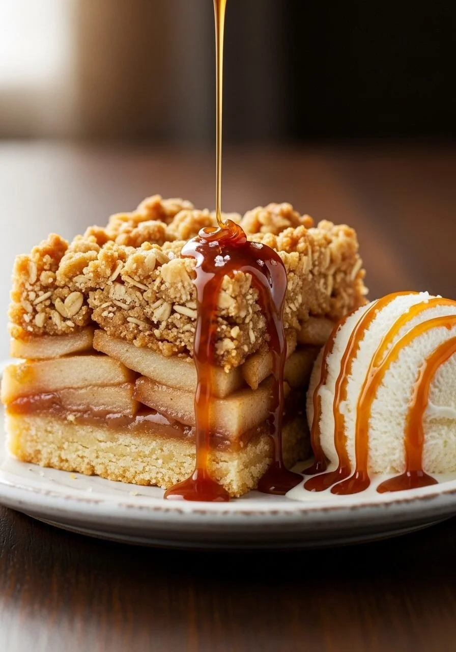 Freshly baked Caramel Apple Crumb Bars with caramel drizzle and crumb topping