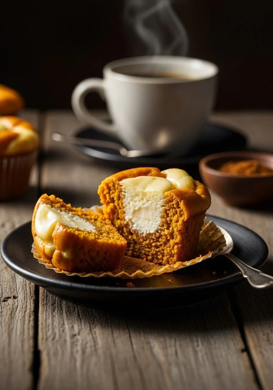Chai pumpkin cheesecake muffins baked and ready to serve on a plate.