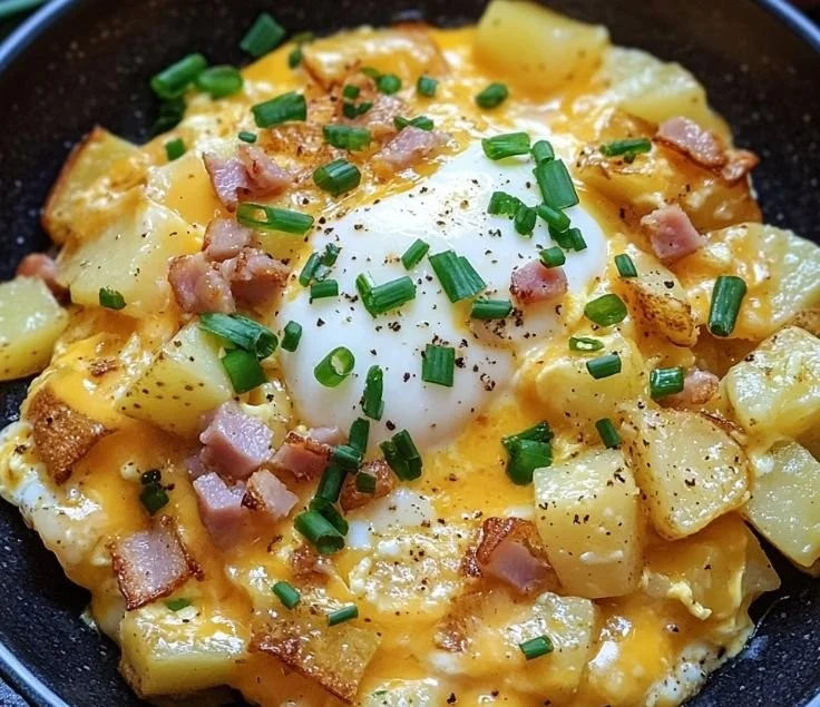 Cheesy potato egg scramble served in a bowl with fresh herbs