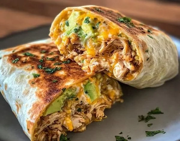 Delicious Chicken Avocado Ranch Burritos on a plate with fresh ingredients