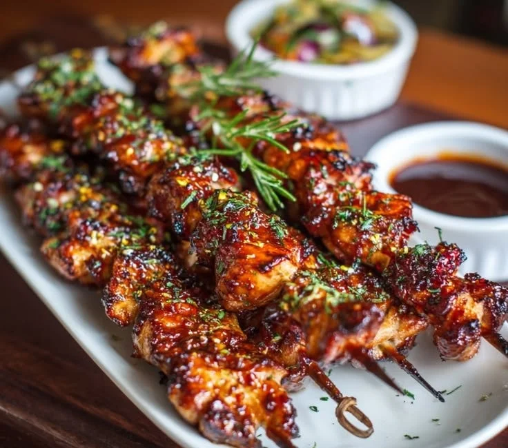 Grilled chicken skewers with Korean BBQ sauce on a platter