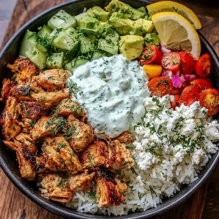 Chicken Tzatziki Bowl with fresh vegetables and tzatziki sauce