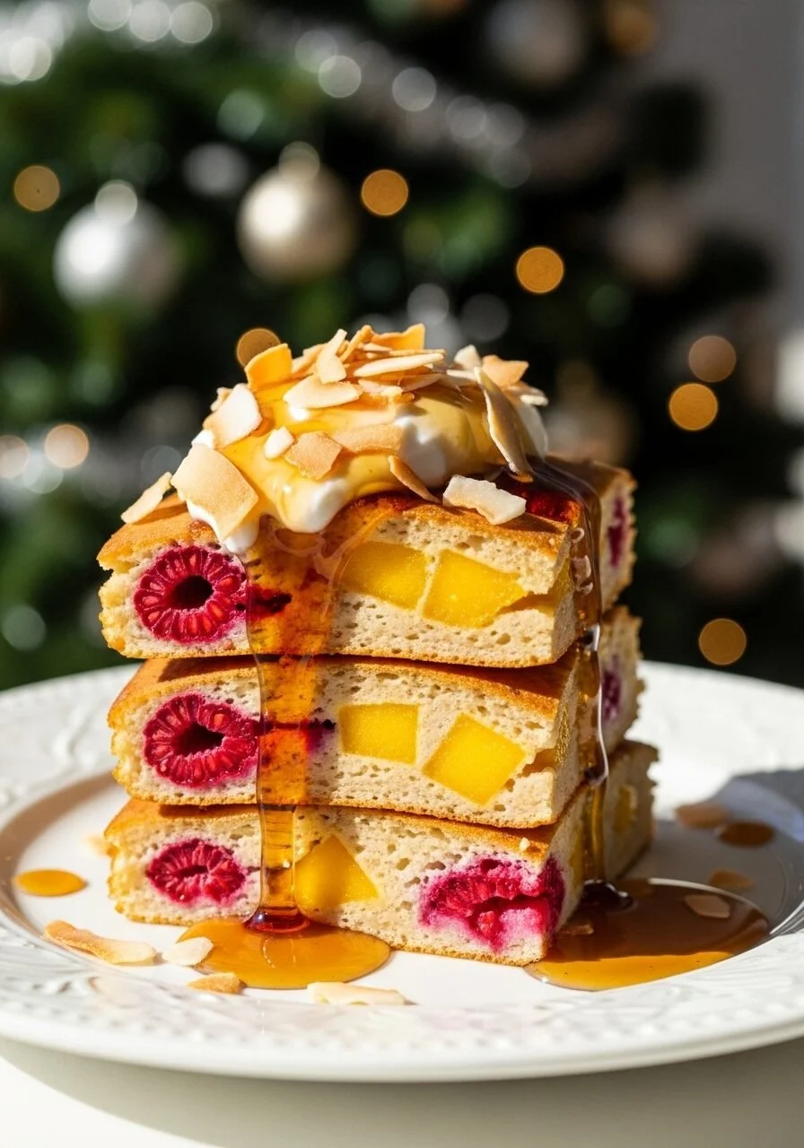 Raspberry mango sheet pan pancakes on a festive breakfast table
