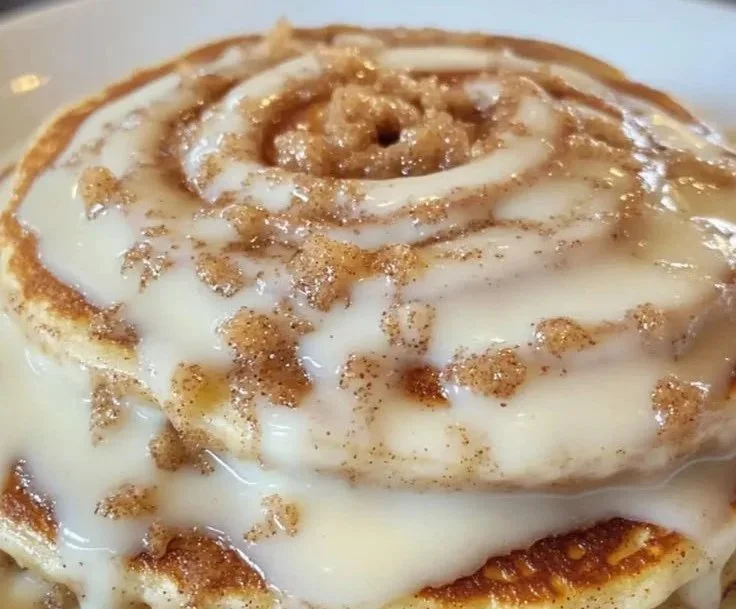 Plate of fluffy cinnamon roll pancakes drizzled with icing and topped with cinnamon