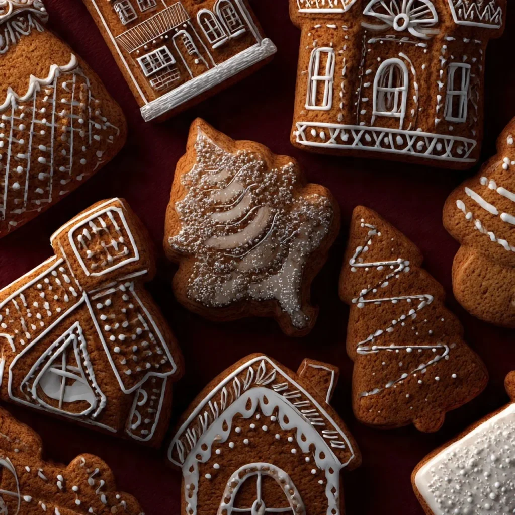 Delicious classic cut-out gingerbread cookies decorated for the holidays