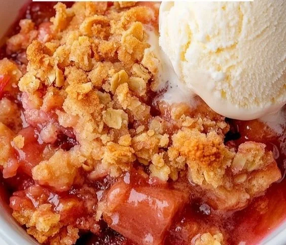 Delicious classic rhubarb crisp made with frozen rhubarb topped with buttery oat crumble.