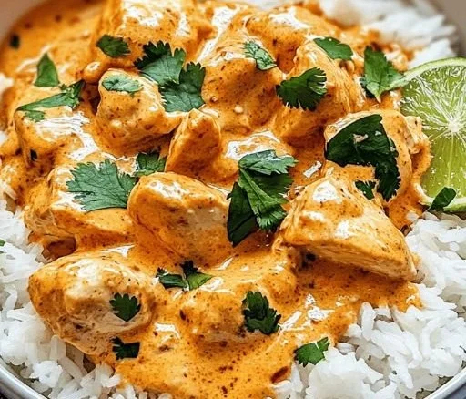 Delicious Coconut Chicken Rice Bowl with creamy sauce and fresh ingredients