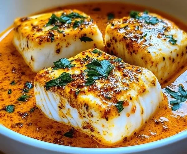 Cod in roasted red pepper sauce served on a plate, garnished for presentation.