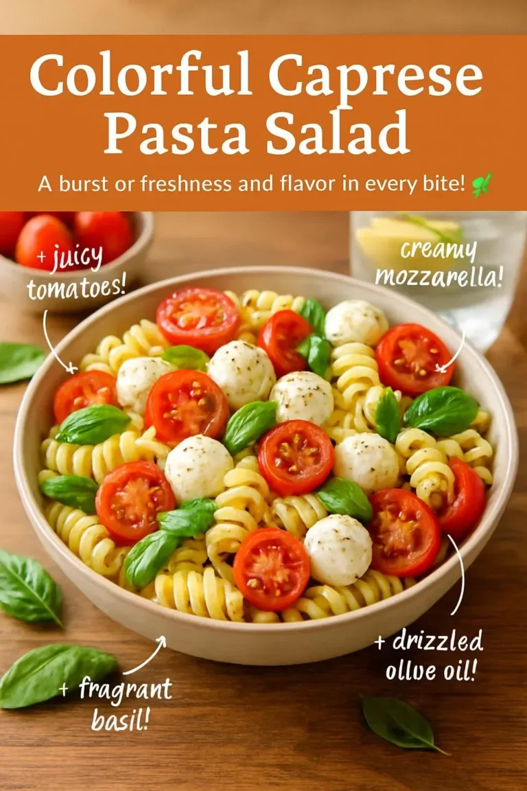 Colorful Caprese Pasta Salad with cherry tomatoes, mozzarella, and fresh basil